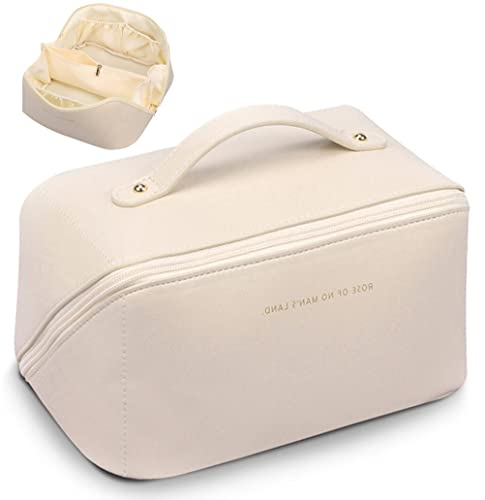 Groß Kapazität Kosmetiktasche Damen, Multifunktions Leder Reisekosmetiktasche, Federmäppchen Kosmetik Reise Täschchen Wasserdichter Reise Make-up Tasche mit Fächern (A-White) von HIMS