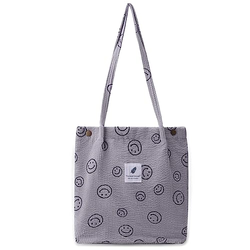 HIMS Preppy Smiley Face Einkaufstasche, Cord-Einkaufstasche Ästhetische Smiley Niedliche Tragetaschen Handtasche Schultertaschen Teenager Mädchen Trendige Sachen, L-02, L von HIMS