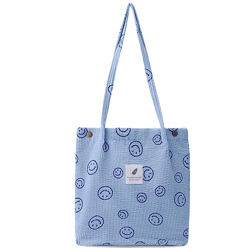 HIMS Preppy Smiley Face Einkaufstasche, Cord-Einkaufstasche Ästhetische Smiley Niedliche Tragetaschen Handtasche Schultertaschen Teenager Mädchen Trendige Sachen, L-04, L von HIMS