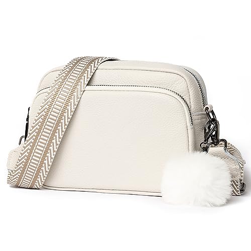 HIMS Umhängetasche Damen Breiter Gurt, Echtes Leder Crossbody Bag, Handtasche Damen Umhängetasche mit Haarball, Moderne Taschen mit Breitem Schultergurt u 3 fächern von HIMS