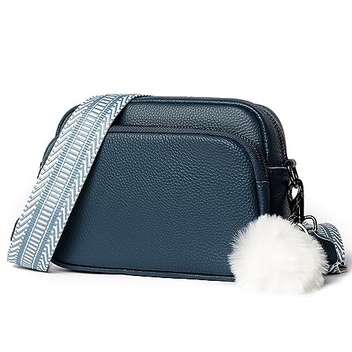 HIMS Umhängetasche Damen Breiter Gurt, Echtes Leder Crossbody Bag, Handtasche Damen Umhängetasche mit Haarball, Moderne Taschen mit Breitem Schultergurt u 3 fächern von HIMS