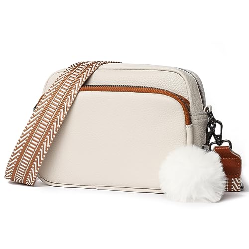 HIMS Umhängetasche Damen Breiter Gurt, Echtes Leder Crossbody Bag, Handtasche Damen Umhängetasche mit Haarball, Moderne Taschen mit Breitem Schultergurt u 3 fächern von HIMS