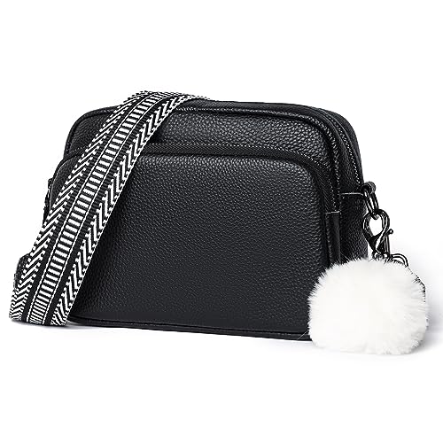 HIMS Umhängetasche Damen Breiter Gurt, Echtes Leder Crossbody Bag, Handtasche Damen Umhängetasche mit Haarball, Moderne Taschen mit Breitem Schultergurt u 3 fächern von HIMS