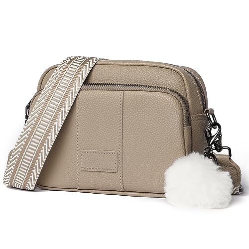 HIMS Umhängetasche Damen Breiter Gurt, Echtes Leder Crossbody Bag, Handtasche Damen Umhängetasche mit Haarball, Moderne Taschen mit Breitem Schultergurt u 3 fächern von HIMS