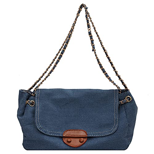 HIMS Vintage Damen Handtasche mit kleiner Klappe aus Jeansstoff, blau von HIMS