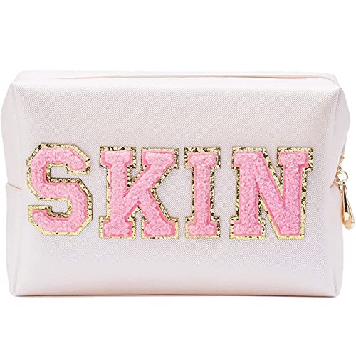 Preppy Patch Make-up Tasche, Kosmetiktasche für Frauen Mädchen, Haut Chenille Brief Hautpflege Tasche, PU Leder Tragbare Make-up Tasche, Wasserdicht Täglicher Gebrauch Aufbewahrung Geldbörse von HIMS