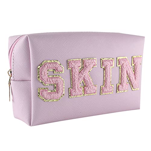 Preppy Patch Make-up Tasche, Kosmetiktasche für Frauen Mädchen, Haut Chenille Brief Hautpflege Tasche, PU Leder Tragbare Make-up Tasche, Wasserdicht Täglicher Gebrauch Aufbewahrung Geldbörse von HIMS