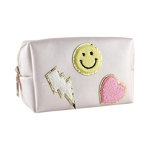 Preppy Patch Make-up Tasche, Kosmetiktasche für Frauen Mädchen, Haut Chenille Brief Hautpflege Tasche, PU Leder Tragbare Make-up Tasche, Wasserdicht Täglicher Gebrauch Aufbewahrung Geldbörse von HIMS