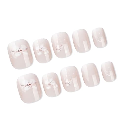 24 Stück kurze Kunstnägel für Damen, französische Spitze, quadratische Form, mit Blumendesign, halbtransparent, zum Aufkleben auf Nägel von HINAYOSAN