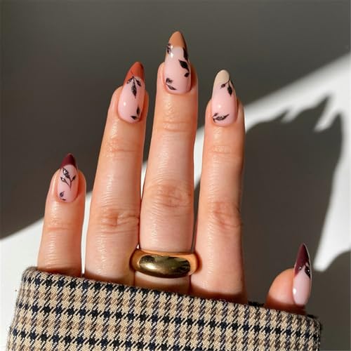 Anspruchsvolle künstliche Fingernägel in Mandelform mit Blatt-Design, französische Spitzen, künstliche Nägel für Frauen Anspruchsvolle künstliche Fingernägel in Mandelform mit Blatt-Design, französische Spitzen, künstliche Nägel für Frauen von HINAYOSAN