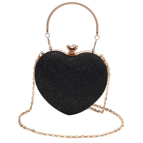 Damen-Abend-Handtasche, herzförmige Umhängetasche, Kettenriemen, Crossbody-Kupplung, Hochzeits-Geldbörse für Party, herzförmige Clutch-Kette, Schulterriemen für Damen, Schwarz , One Size von HINAYOSAN