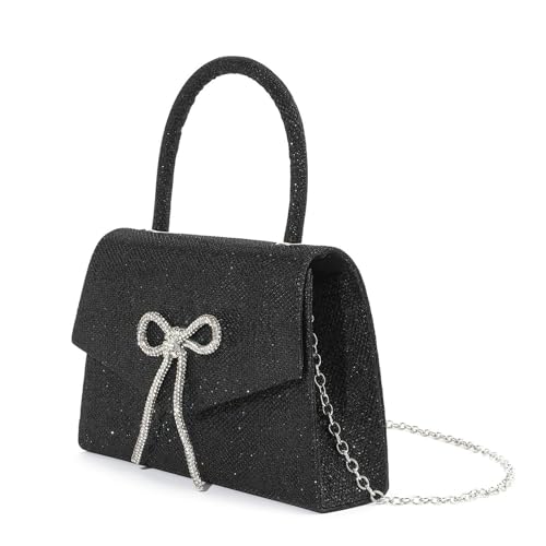 Elegante Damen-Umhängetasche, Schleifen, Abendkettenriemen, Kuriertasche, Geldbörse für Party, Abschlussball, Damen, elegante Handtasche, Umhängetasche, Schleifen, Schulter für Hochzeit, Schwarz , One von HINAYOSAN