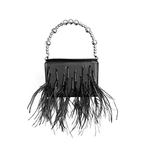 HINAYOSAN Damen Kette Schultertasche All-matching Feather-Handtaschen Damen Quasten Box Geldbörse Perlenriemen Crossbody Damen Feder-Handtasche Quasten Crossbody Perlenriemen Box, Schwarz , One Size von HINAYOSAN