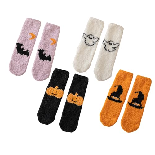 HINAYOSAN Halloween-Kollektion, 4 Paar weiche, warme Fleece-Socken für Damen, Cartoon-Kürbis-Muster, thermische flauschige Hausschuhsocken, thermische warme flauschige Hausschuhe HINAYOSAN Halloween-Kollektion, 4 Paar weiche, warme Fleece-Socken für Damen, Cartoon-Kürbis-Muster, thermische flauschige Hausschuhsocken, thermische warme flauschige Hausschuhe von HINAYOSAN