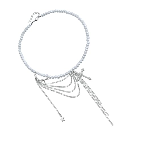 HINAYOSAN Halskette mit Kruzifix-Anhänger mit dynamischen Quasten, Imitationsperlen und Perlen, handgefertigt, Choker für Modeliebhaber, verstellbare Länge, Choker für Damen von HINAYOSAN