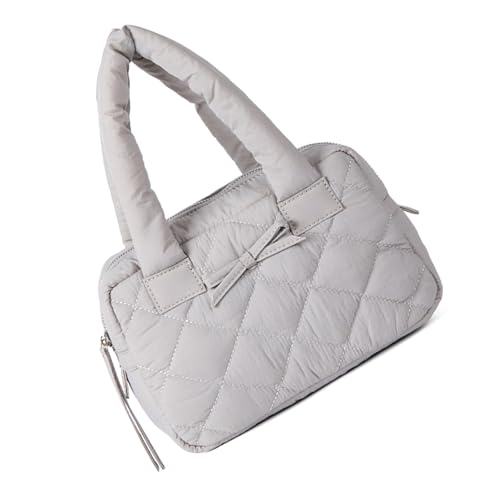 HINAYOSAN Modische Damen-Handtasche aus Nylon mit Schleife, kariert, gesteppt, mit Reißverschluss, für Arbeit und Freizeit, Einkaufen, Freizeit, grau, One Size von HINAYOSAN