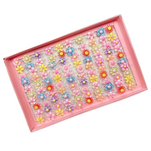 HINAYOSAN Set mit 100 entzückenden Kinderringen aus Kunstharz, Blume, offene Ringe mit verstellbaren Designs, verschiedene Muster für Mädchen, Blumen-Thema von HINAYOSAN