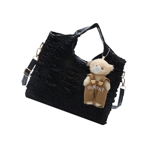 HINAYOSAN Strukturierte Eimertasche mit Ornament-Anhängern, Umhängetasche, verstellbarer Riemen, PU-Umhängetasche, praktische Umhängetasche für den täglichen Gebrauch, Schwarz , One Size von HINAYOSAN