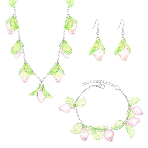 HINAYOSAN Zartes Erdbeer-/Kirschen-Halsketten-Ohrring-Set, zeitgenössischer Acryl-Kirschen und Erdbeer-Schmuck, niedliche Kirschen und Erdbeer-Kombination, Einheitsgröße, Wie beschrieben, Wie von HINAYOSAN