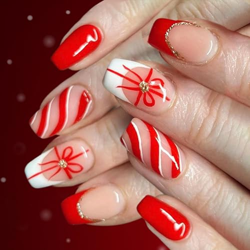 Künstliche Fingernägel für Weihnachten, französische Glitzerstreifen, Weihnachtsmann, Schneeflocke, Kunst, ABS, für Urlaub, Party, Geschenke für Frauen, französischer weißer Glitzer, 24 Stück von HINAYOSAN