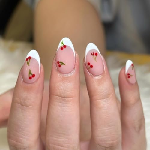 Künstliche Nägel im französischen Stil, kurz, zum Aufdrücken, mit Obst-Designs, Mandel-Acryl, künstliche Nägel für Damen, 24 Stück von HINAYOSAN