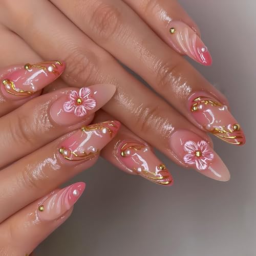 Mandelstile, tragbare Nägel, Blütenmuster, französische Spitze, bequem, für professionelle Anlässe, professionelle Frauen, den täglichen Gebrauch von HINAYOSAN