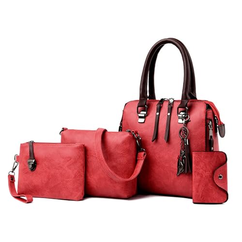 Modische 4-in-1-Handtasche aus PU-Leder mit Tragegriff oben, Reißverschluss und Crossbody-Gurt, Geldbörse für Damen, modisches Handtaschen-Set, rot, One Size von HINAYOSAN