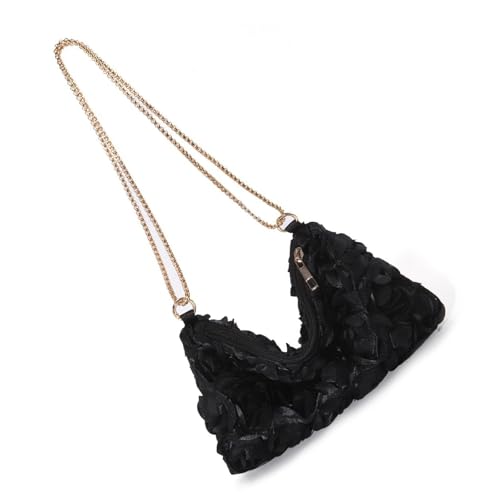 Modische Damen-Clutch-Geldbörse mit Satin-Rosen-Blumen-Pailletten, Abend-Schultertasche mit Kette, für Hochzeiten, Partys, Brautschmuck, Umhängetasche, Handtasche, Schwarz , One Size von HINAYOSAN