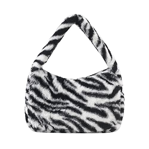 Plüsch Unterarmtasche Damen Schultertasche Frauen Leopard Print Geldbörse Taschen für Herbst und Winter Top-Griff Handtasche Plüsch Handtasche Charm, Schwarz , One Size von HINAYOSAN
