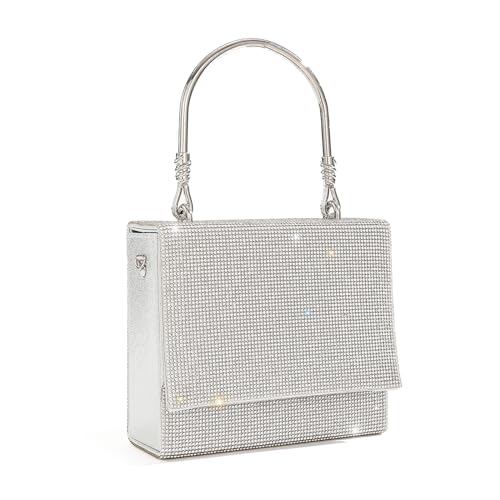 Stilvolle Abendtasche mit Strasssteinen, kleine quadratische Handtasche, Leder-Schulterkette, Umhängetasche, silber, One Size von HINAYOSAN