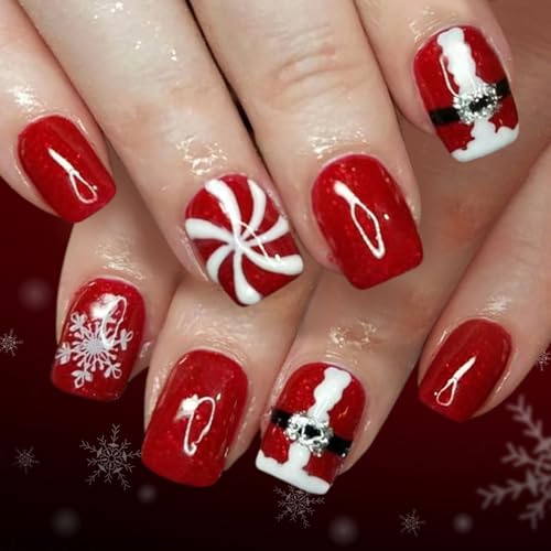 Weihnachten Rot Press on Nails 24pcs Schneeflocken Design Urlaub Party für Frauen von HINAYOSAN