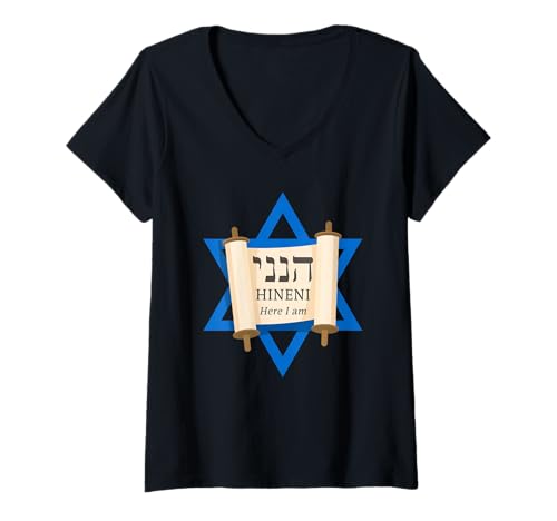 Damen HINENI Here I Am – Hebrew Star of David Christian Faith T-Shirt mit V-Ausschnitt von HINENI - Here I Am Hebrew Christian Faith Graphics