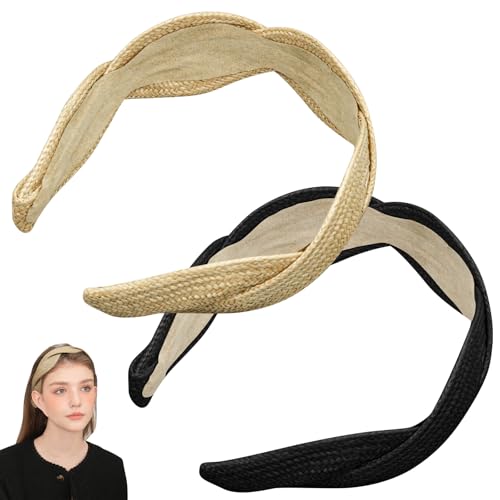 2 Stück Haarreifen Damen für Damenhaar,Straw Simple Natural Style Skincare Headband Makeup Headband, Suitable for Ladies in Summer Anti-Slip Headbands Holder Hair Bands Women's Hair Black Headband von HINGTAI