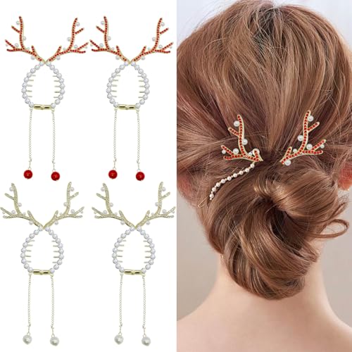 4pcs Weihnachten Pferdeschwanz Klaue Clips, Weihnachten Rentier Haar Zubehör Bun Halter mit Strass Perlen Design Winter Haar Clip Metall Haar Clips, Weihnachts Haar Zubehör für Frauen Mädchen Zubehör von HINGTAI