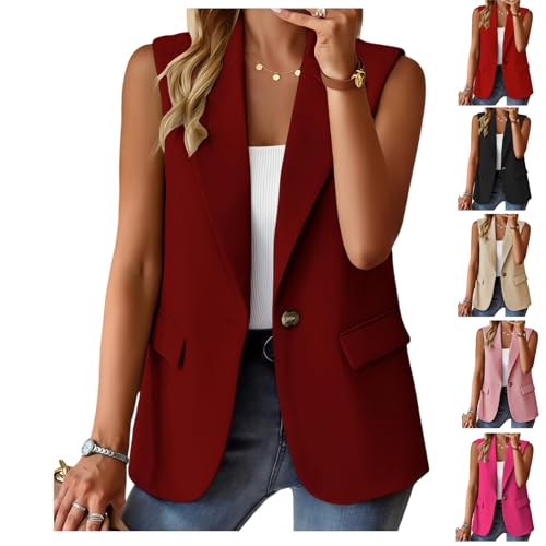 HINGTAT Blazer Frauen ärmellose Weste Slim Fit Stretch Revers Einzelne Taste Büro Casual Gilet mit Taschen Elegantes Büro Business Berufskleidung Vielseitig für Frühling Sommer Herbst von HINGTAT