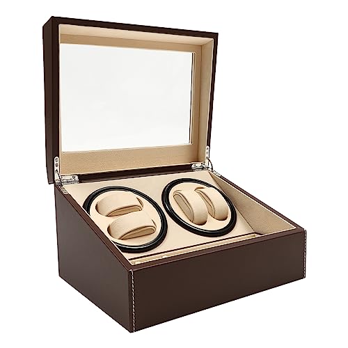 HINOPY - Automatische Uhrenbeweger Box, Uhrenbox Automatikuhren 4+6 Uhren Watch Winder Box Braun mit Klare Fenster und Kissen für Automatikuhren, Armbanduhr von HINOPY