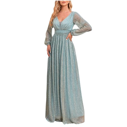 Abendkleider Elegant für Hochzeit Frauen Abendkleider für Hochzeit Cocktail Party Prom Hohe Taille Volant Kleid Elegant A-Linie Maxikleid für Party Vintage 50er Langarm Cocktail Retro mit Pocket von HINTSAN