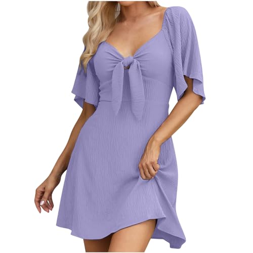 Damen Kleider Freizeit Einfarbig Sommerkleid Tief V-Ausschnitt Sexy Kleid Rüschen Knielanges Summer Dress Lose Kurzarm Strandkleid A-Linie High Waist Kleider mit Schnürung S-XXL von HINTSAN