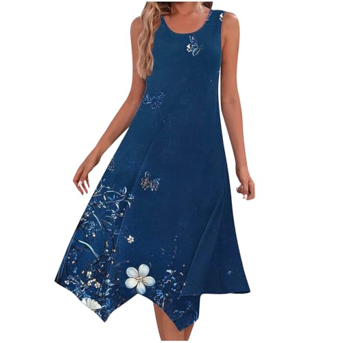 Damen Sommerkleid Rundhals Ärmellos Kleid Lässig A Linie Tankkleid Leicht Elegant Kleider Blattmuster Freizeitkleid Mode Midikleid Floral Strandwear Swing Partykleid Boho Strandkleider Urlaub Dress von HINTSAN