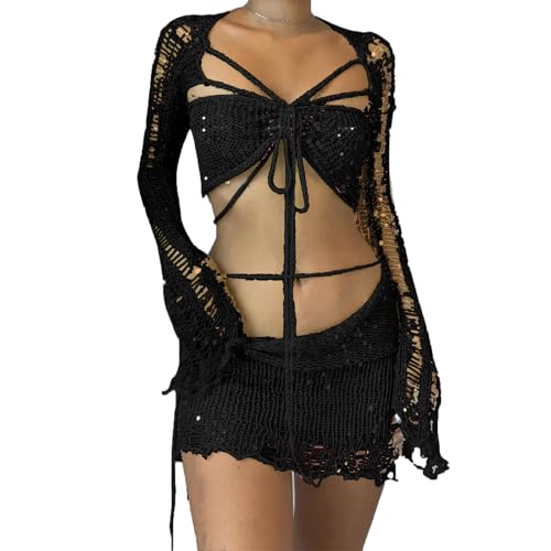 HINTSAN Damen Black Rock Friday und Gehäkelte Angebote Oberteile Zweiteiler 2024 Set Y2k ab Gestrickt Wann Mesh Crop Tops Sexy Sparkle Mini Kurzen Röcke 2 Teiler Outfits Party Karneval Club Anzüg von HINTSAN