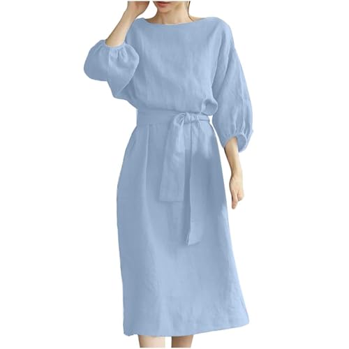 HINTSAN Leinenkleid Damen Rundhals 3/4 Ärmel Sommerkleid A Linie Musselin Kleid Lässig Blusenkleid Einfarbig Freizeitkleid Mode Midikleid mit Schnürung Oversize Strandkleider Leicht Holidy Kleider von HINTSAN