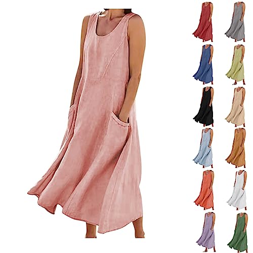 HINTSAN Leinenkleid Damen Sommer Lang Blusenkleid Summer Dress for Women Ärmellos Leinen Kleider Große Größen Hemdblusenkleid Festliche Kleid Tunikakleid Einfabig Lange Maxikleider Freizeitkleid von HINTSAN