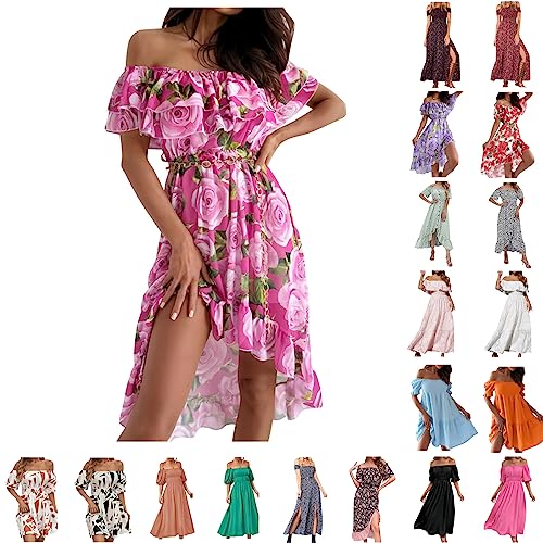 HINTSAN Off Shoulder Kleid Summer Dress for Women, Strandkleid Damen Lang Blumenkleid Urlaub Must Haves Festliche Kleider Schicke Sommerkleider für Frauen Lange Boho Kleid Maxikleider Sexy Kleider von HINTSAN