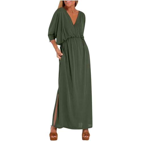 HINTSAN Sommerkleid Damen Halbarm V-Ausschnitt Kleid Swing Partykleid Elegant Freizeitkleid Einfarbig Kleider Oversize Maxikleid Hohe Taille Strandkleid Lässig Geteiltekleid mit Taschen Urlaub Dress von HINTSAN