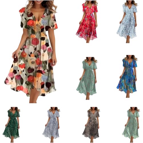 HINTSAN Sommerkleid Damen Lang Elegant Cocktailkleid Summer Kleid Tunika Chiffonkleid Hohe Taille Kleider Dress Freizeitkleid mit Gürtel Abendkleid Partykleid Maxikleid Blumenkleid Boho Strandkleid von HINTSAN