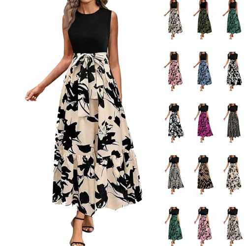 Kleid Damen Elegant Maxikleid Kurzarm Strandkleid Rundhals Lässig Kleider A Linie Abendkleider Plissee Blumenkleid Boho Sommerkleid Leicht Und Luftig Sommer Dress Hohe Taille Wickelkleid mit Gürtel von HINTSAN