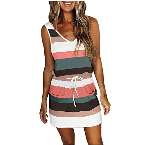 Kleid Damen Rundhals Freizeitkleid Kurzarm Kleider lässig Abendkleider Hohe Taille Sommerkleid Mode Minikleid Gestreift Sommer Partykleid Urlaub Dress mit Schnürung Lose Boho Strandkleid mit Taschen von HINTSAN
