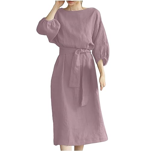 Kleider Damen Rundhals Halbarm Leinenkleid Musselin Kleid Lässig Abendkleid Einfarbig Freizeitkleid Mode Midikleid mit Schnürung Oversize Sommerkleid Elegant Boho Strandkleid Elastischem Bund Dress von HINTSAN