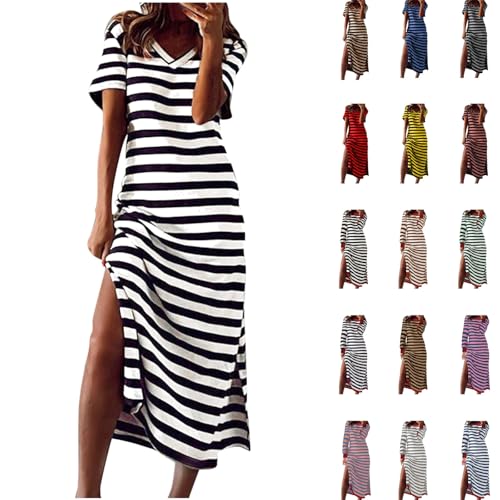 Kleider Damen Sommer Gestreift Kleid Vintage Rundhals Maxikleid Mode Freizeitkleid Festliche Blusenkleid Lässig Strandkleid Geteiltes Abendkleider Sexy Cocktailkleid Langarm Sommerkleid Urlaub Dress von HINTSAN