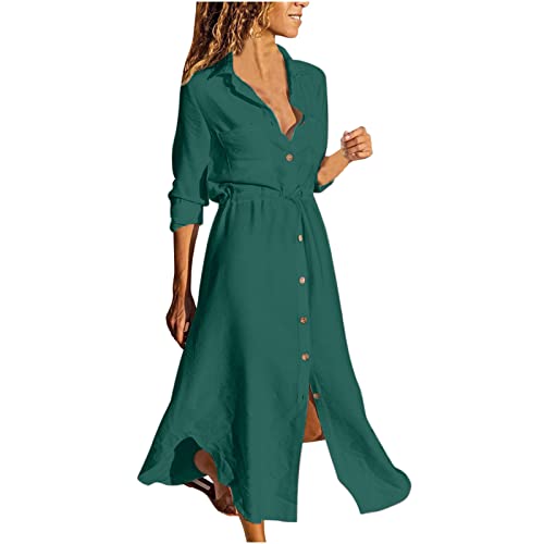 Kleider Damen Unregelmäßig Swing Sommerkleid 3/4 Ärmel Maxikleid Revers Große Größen Blusenkleid mit Einreihig Mode Freizeitkleid Einfarbig Kleid Elegant Leinenkleid Sexy Strandkleid mit Kordelzug von HINTSAN